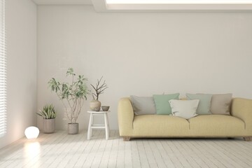 White living room with sofa. Scandinavian interior design. 3D illustration
