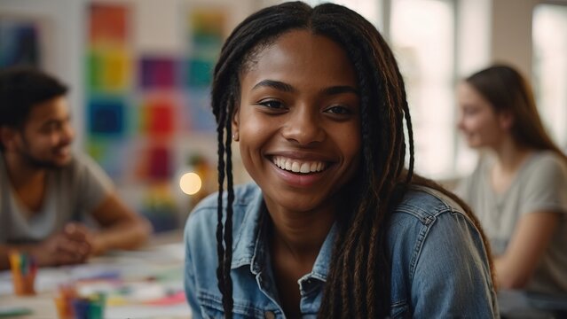 Young smiling black woman on art workshop