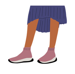 Female legs wearing fashionable sneakers and skirt. Cool bright sport footwear, stylish shoes, slippers. Hand drawn vector colored trendy illustration isolated on transparent background.