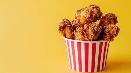 Fried Chicken wings and legs. Bucket full of crispy kentucky fried chicken on yellow background - obrazy, fototapety, plakaty