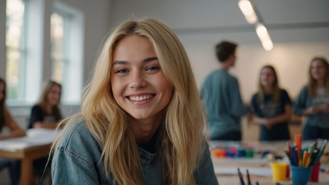 Young smiling blonde woman on art workshop