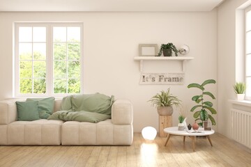 Contemporary classic white interior with furniture and decor and summer landscape in window. Scandinavian interior design. 3D illustration