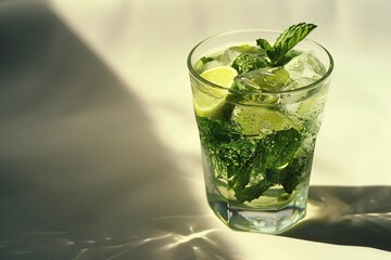a glass of drink with ice and mint leaves