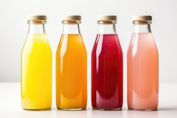 Bottles with multi-colored liquid or multifruit juice on a white background