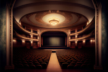 The auditorium of the Grand Opera House. Velor chairs and decorations on the ceiling. - obrazy, fototapety, plakaty
