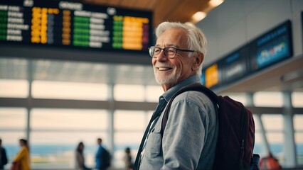 Senior man in an airport terminal looking at flight information display board - obrazy, fototapety, plakaty