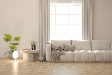 White living room with sofa. Scandinavian interior design. 3D illustration