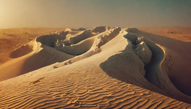 Landscape with sand desert, gigantic dunes, sunset, no people. 