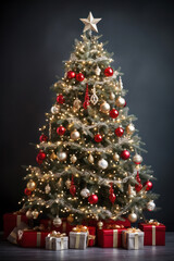 Fototapeta na wymiar Shiny Red Christmas Tree: A Festive Celebration of Winter, Holiday Happiness, and Merry Surprises