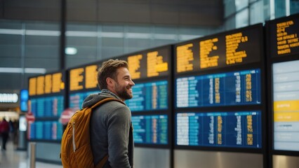 Western man in an airport terminal looking at flight information display board