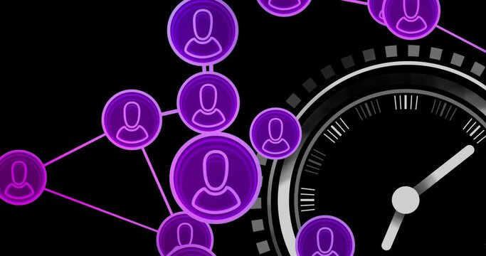 Animation of purple network of people icons over scanner with clock hands on black background