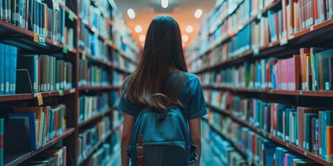 Young woman with a backpack browsing through books in a well-lit library aisle, depicting a scene of education and research.

