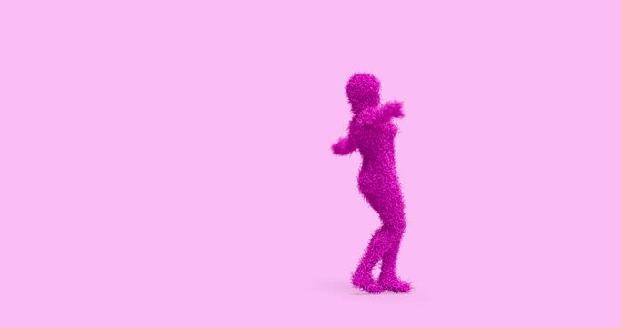 Pink 3D Hairy Fur Female Character Dancing Slowly On Empty Stage. Loopable With Luma Channel. Dance And Entertainment Related 3D Abstract Animation.