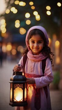 Girl with Ramadan lantern, fanus, with blurred string lights in the background