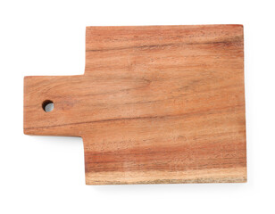 One wooden cutting board on white background, top view