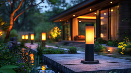 Panoramic Photo of LED Light Posts Illuminated Backyard Garden During Night Hours. Modern Backyard Outdoor Lighting Systems.