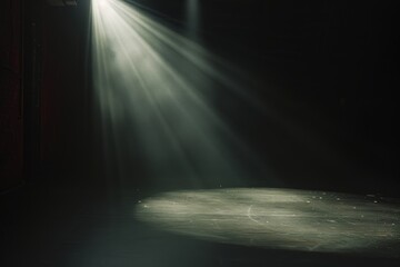 Spotlight on an empty stage with smoke, conveying a sense of anticipation and drama in a theatrical or performance setting.

 - obrazy, fototapety, plakaty