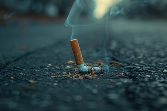 Discarded burning cigarette on asphalt, a symbolic image representing addiction, health issues, and urban pollution.

