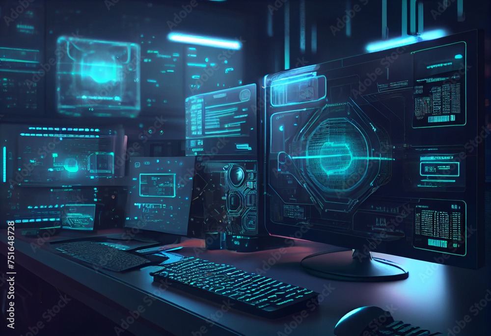 Wall mural the workplace of an it specialist, system administrator or hacker programmer. glowing monitors of se