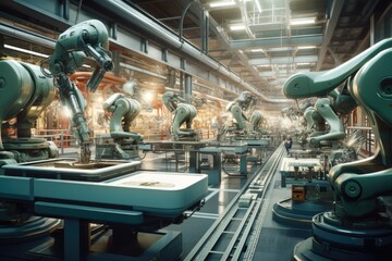 Robot assembly line in a futuristic factory. Futuristic Efficient smart Automation robot revolution production replace human AI-power, Ai generated - obrazy, fototapety, plakaty