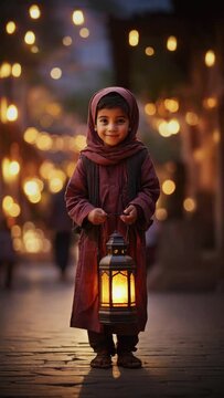 Girl with Ramadan lantern, fanus, with blurred string lights in the background