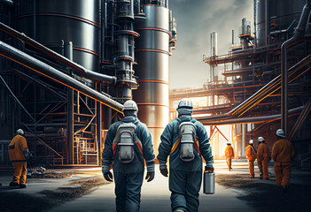 View of a group of workers in the petrochemical industry. Workers in helmets and overalls are among the oil and gas pipelines of the plant. AI generative. - obrazy, fototapety, plakaty