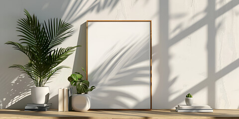 Mockup poster frame in minimalist interior background with white wall and palm leaves 
