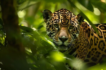 A jaguar silently stalking through the Amazon rainforest, its coat blending seamlessly with the dappled sunlight filtering through the canopy 