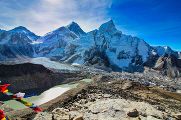 Grand wide angle Panorama of Khumbu Glacier with Everest, Nuptse and Khumbu glacier in foreground...