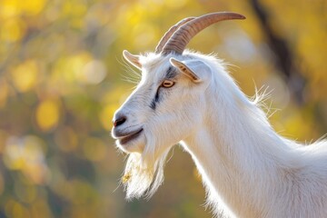 A profile shot of a goat, its beard and horns detailed against a soft-focus background, highlighting its character and presence on the farm 