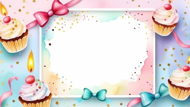 A birthday frame with a place for text. A watercolor postcard or a birthday invitation. cupcakes, candles, birthday balls
