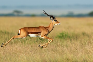 An impala leaping gracefully, its agility and speed on full display as it navigates the African...