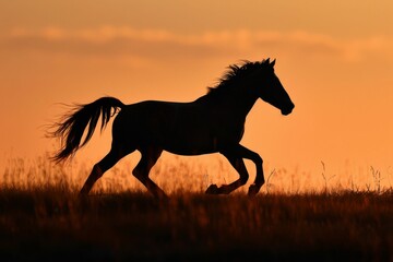 The silhouette of a horse running at dusk, its figure outlined against the fading light, showcasing its powerful build and freedom of movement --style raw
