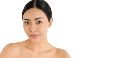 Lip surgery horn chestnut-shaped lips Female with healthy glowing moisturized skin, bare shoulders looking at camera. Studio portrait beauty woman with skincare anti aging treatment procedure 