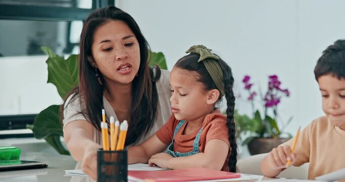 Mother, children and homework with overwhelmed stress for adhd distraction for teaching fail, discipline or school. Parent, siblings and paperwork project or autism concentration, unhappy or pressure
