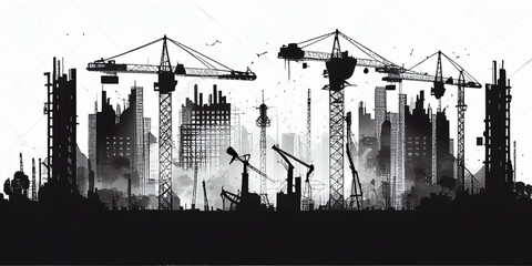 Obraz premium Black and white illustration, construction site silhouette with houses and construction cranes. AI generated.