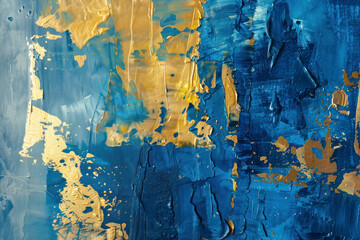 Abstract art gold and blue oil painting.