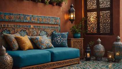 Moroccan-inspired outdoor patio with mosaic tiles and lanterns