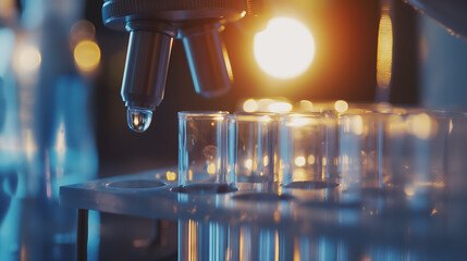 Close-up of Microscope and Test Tubes in Laboratory - obrazy, fototapety, plakaty