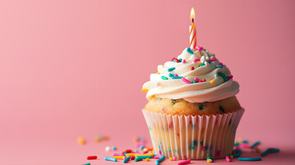 Celebratory Cupcake with Candle and Sprinkles on Pink