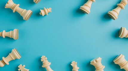 Scattered Chess Pieces on a Blue Background - obrazy, fototapety, plakaty