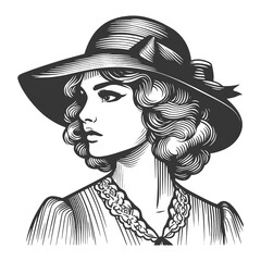 Old fashioned lady young woman in hat sketch engraving generative ai fictional character raster illustration. Scratch board imitation. Black and white image.