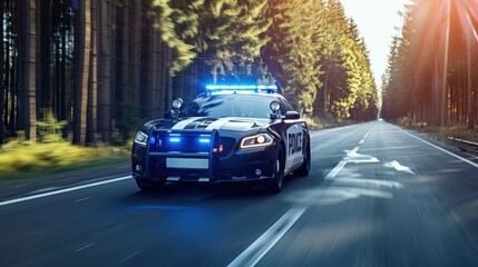 A police car is running on the road in order to maintain peace and order.