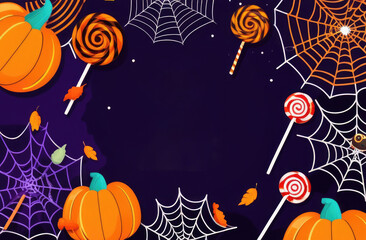 Illustration. Halloween holiday concept spooky Jack O' Lanterns pumpkins, candy or gross, spider webs on isolated purple background. Autumn, spooky spooky dark night. Advertising banner, background