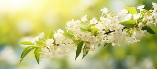 A branch of a bird cherry tree in full bloom, adorned with delicate white flowers, set against a sunny garden backdrop with abstract blurred elements.