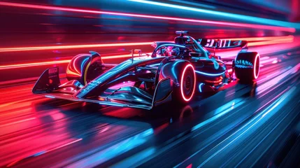 Tuinposter A futuristic sports car and racing cars accelerates on a neon highway with colorful light trails © เลิศลักษณ์ ทิพชัย