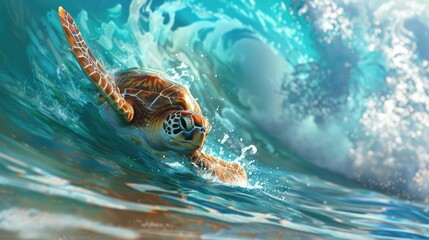 A sea turtle gracefully swims through the turquoise waters under a wave, with light filtering...