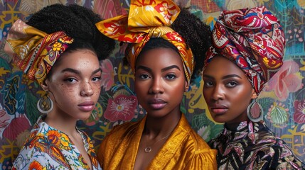 Three women showcasing beautiful African cultural attire and headwraps - obrazy, fototapety, plakaty