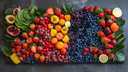 Naklejka na ściany i meble Colorful Assortment of Fresh Fruits Arranged on Dark Surface