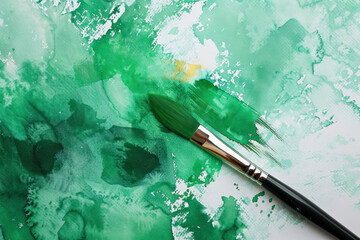 Watercolor background drawn by brush. Green paints spilled on paper.